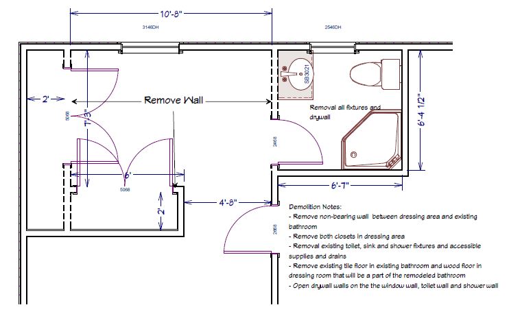 Scaled floor plan of original master bath. 