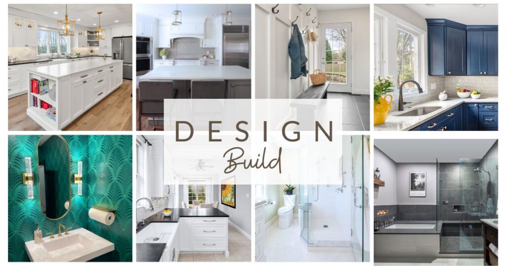 Collage of interior design photos showcasing various modern home spaces: kitchens with white and navy cabinets, an entryway with hooks, stylish bathrooms including one with a teal accent wall, and a sleek shower area. Center text reads "DESIGN Build.