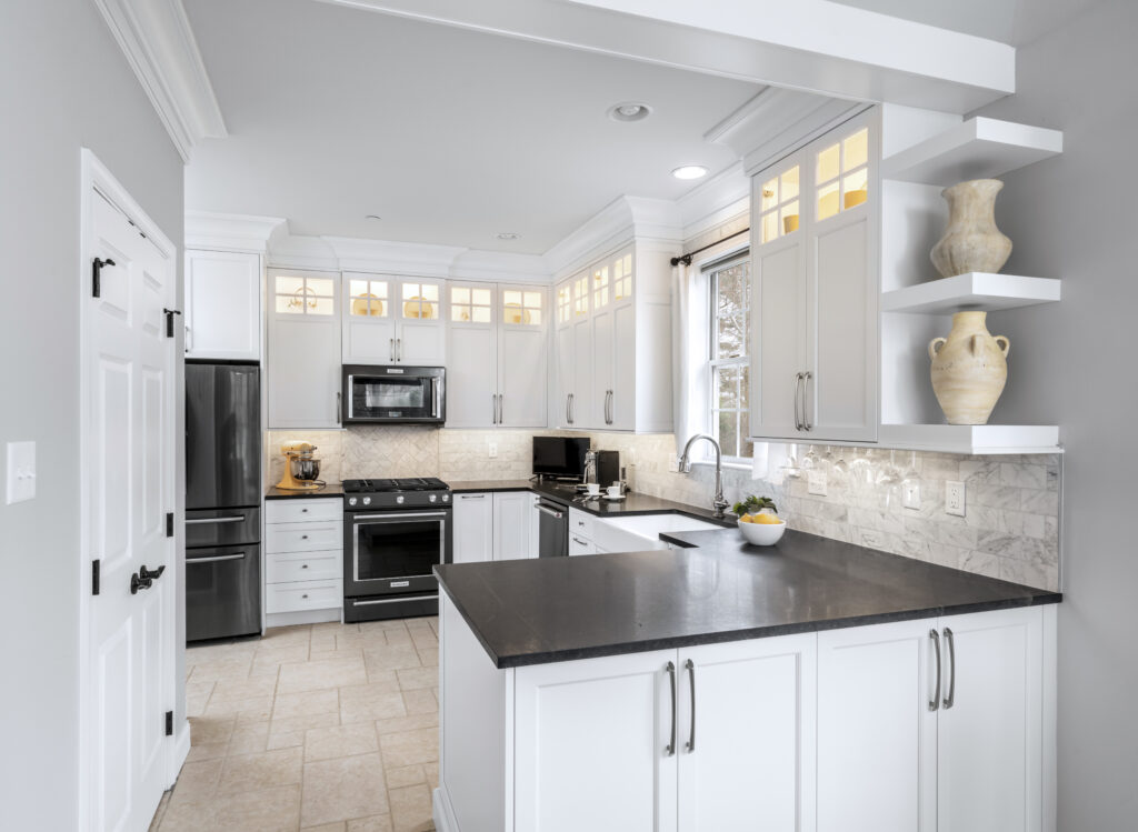 White and Black Kitchen with pops of Yellow