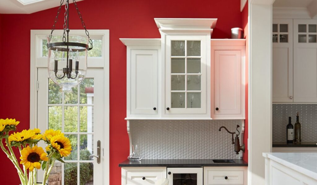 Detail of Basket Weave Backsplash in a White Kitchen