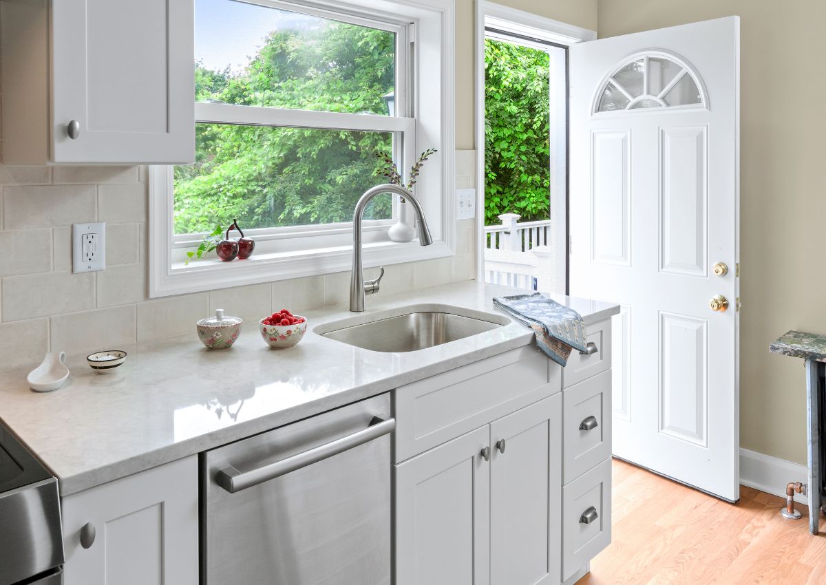 Renovated kitchen on the Main Line in PA showing an open back door