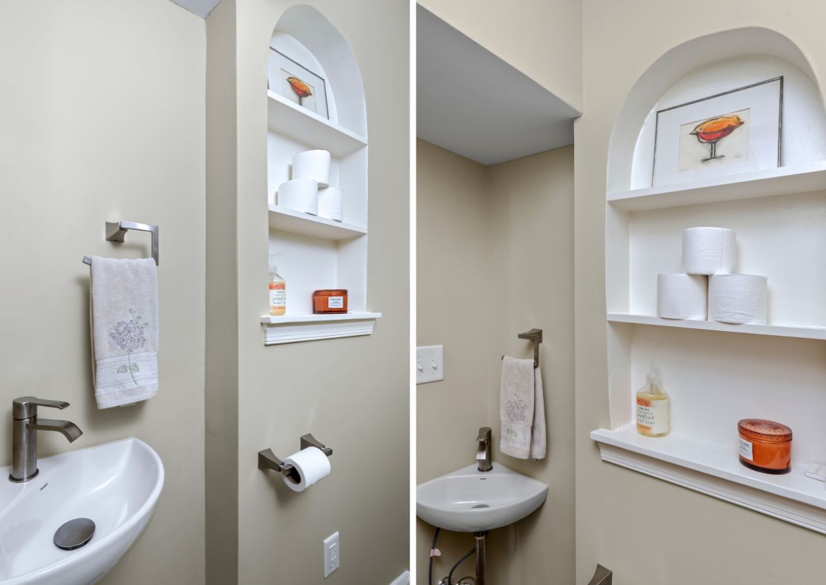 Renovated powder room with original architectural details in built-in shelf