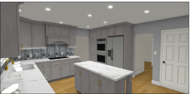 A 3D rendering of a modern kitchen renovation features gray cabinets, a white marble countertop island, stainless steel double ovens, and a cooktop. 