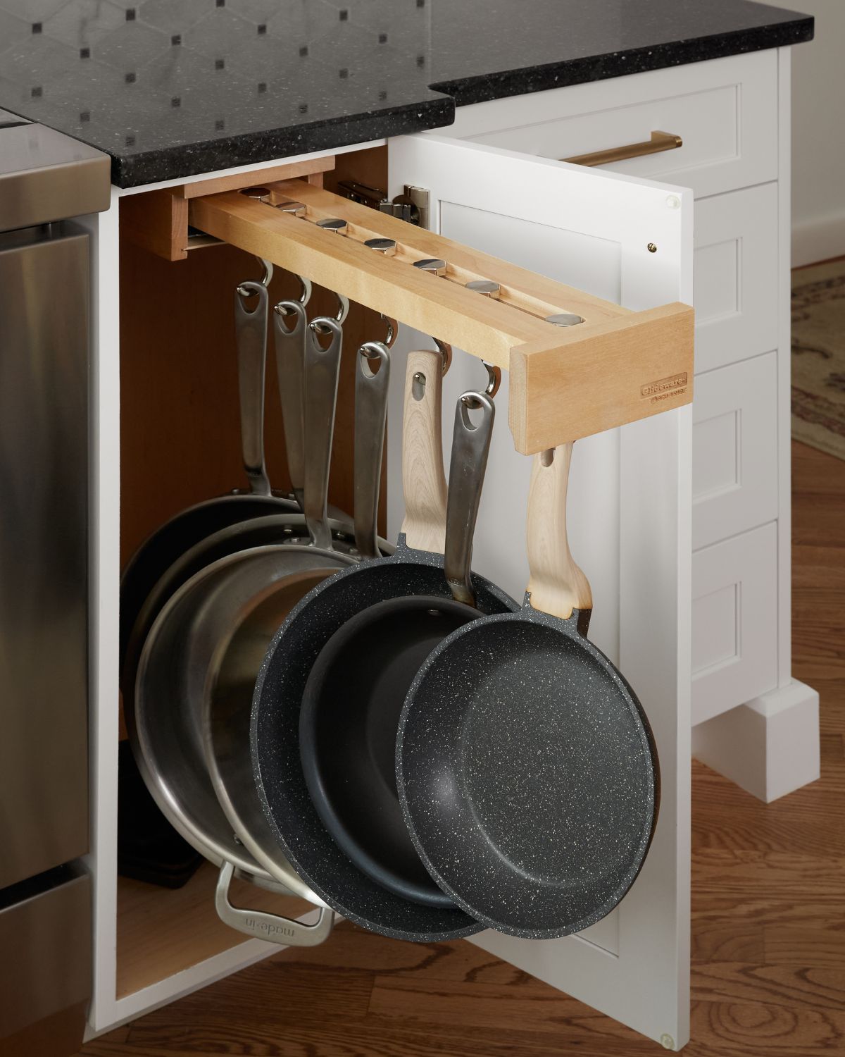 Hanging pan system in new renovated kitchen in Ambler