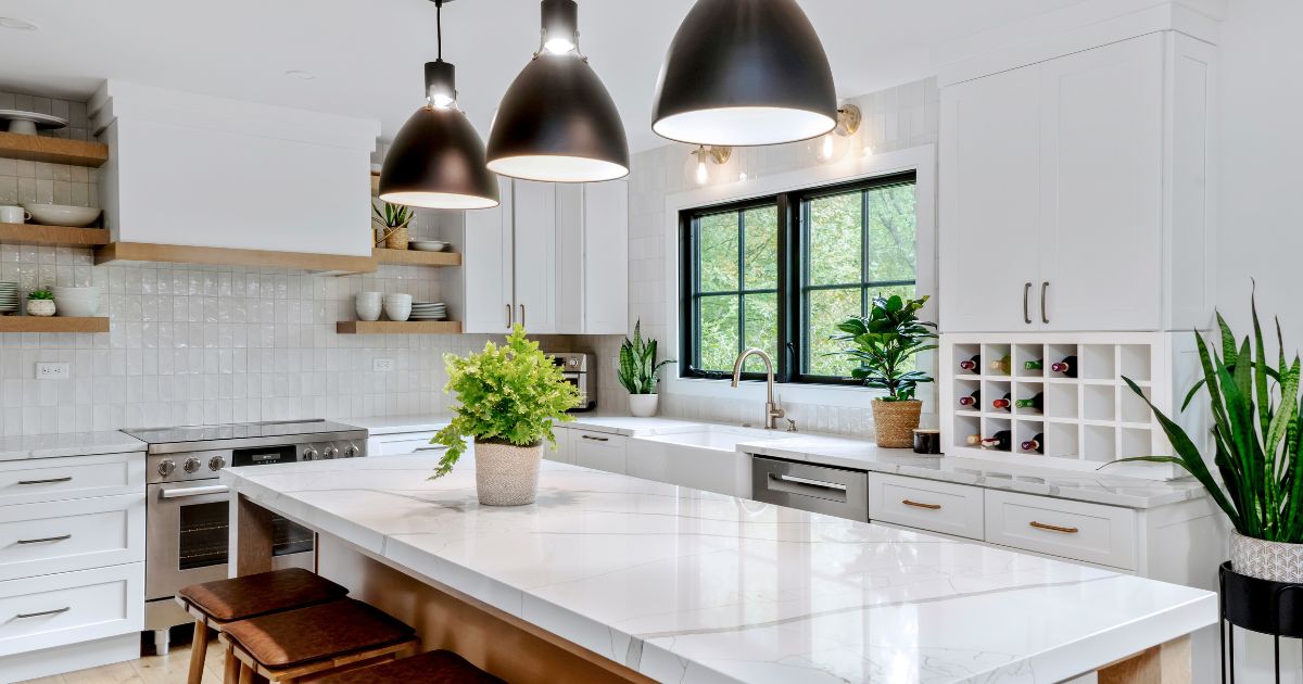 Center island in a renovated kitchen in Bucks County