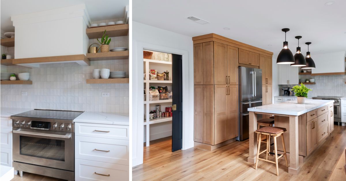 Modern farmhouse renovated kitchen with stove and pantry 