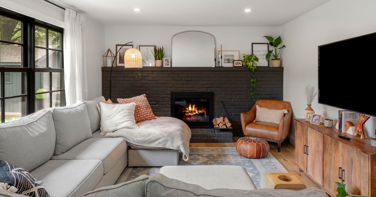 Family room in Bucks County renovated with with cozy couch and TV