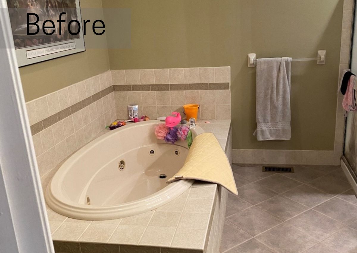 Before pic a a beige round tub with outdated tile in Bleu Bell PA