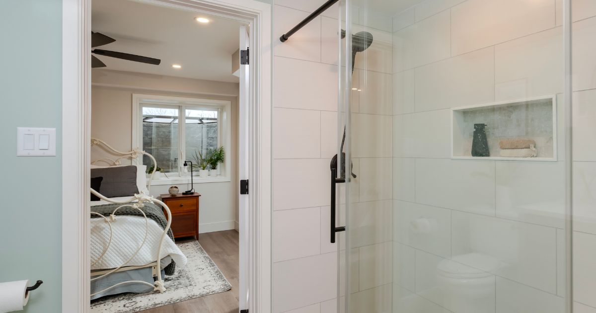 Bathroom and guest bedroom in a North Wales finished basement