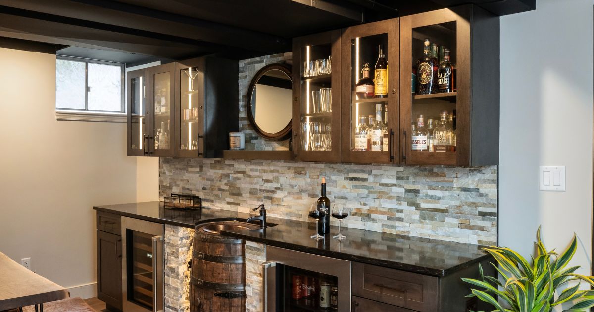 View of a full bar area with a barrel sink in North Wales, PA finished basement renovation