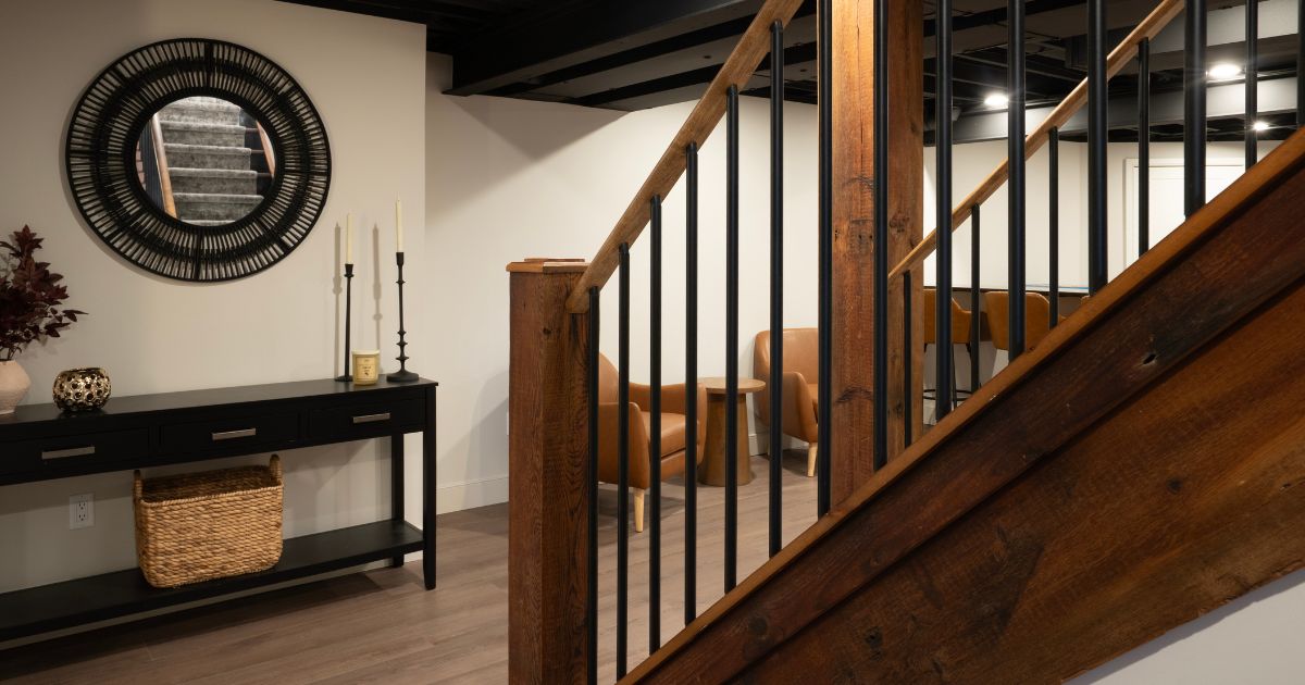 Wood stairs with metal railings leading to a finished basement in Montgomery County