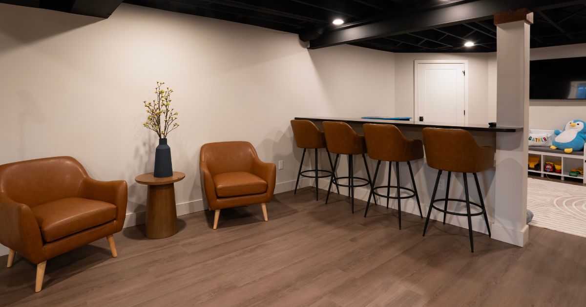 Lounge area in a finished basement in Montgomery County
