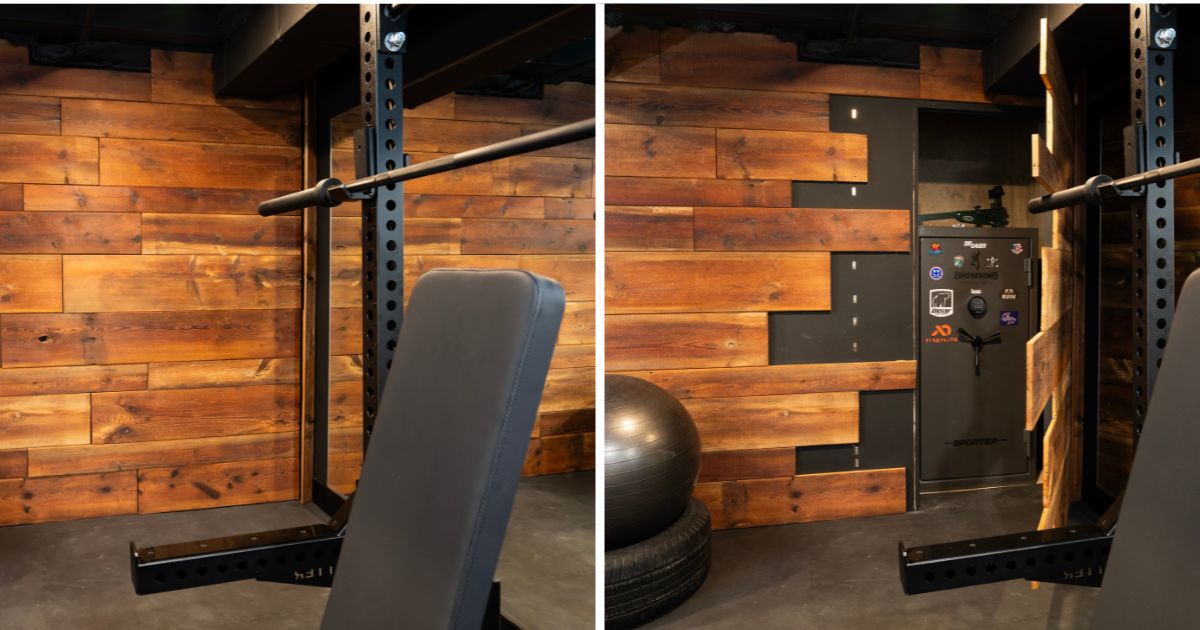Hidden closet of the weight room in a finished Montgomery County basement