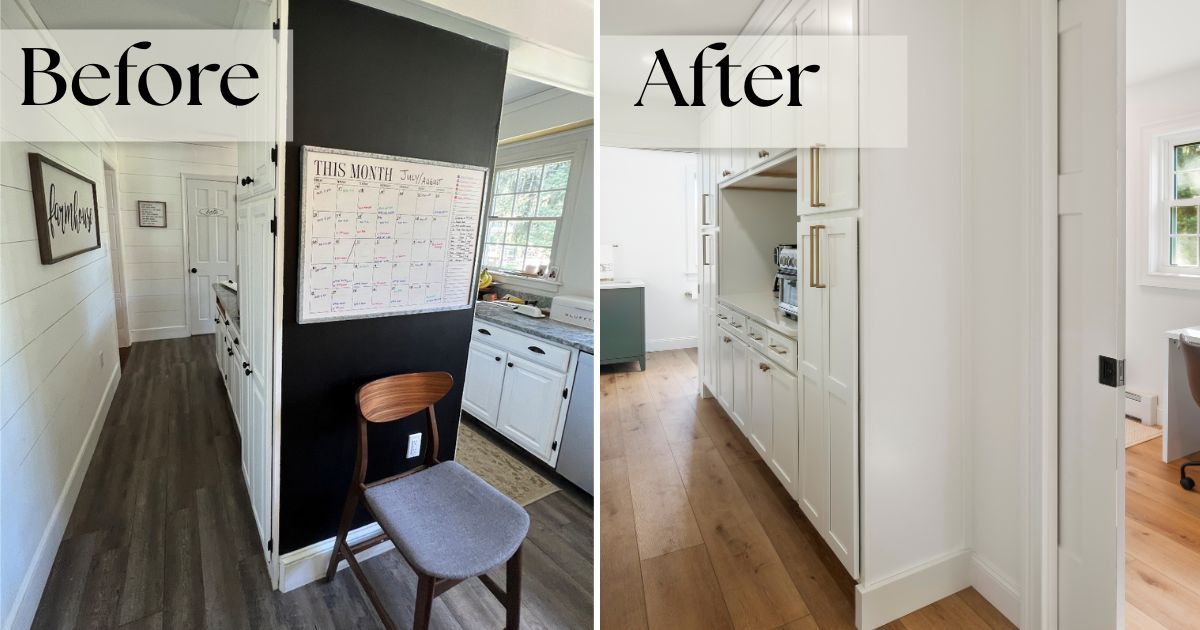 Before and after pic of a galley kitchen turned into a butler's pantry