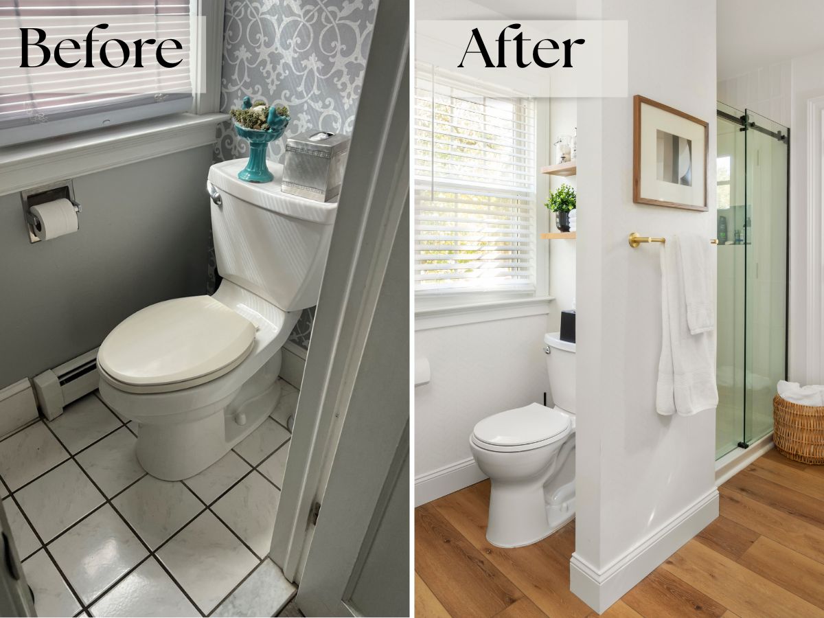 Before and after of a half bath turned into a full bath