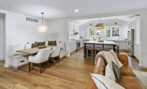 Bench seating outside renovated kitchen.