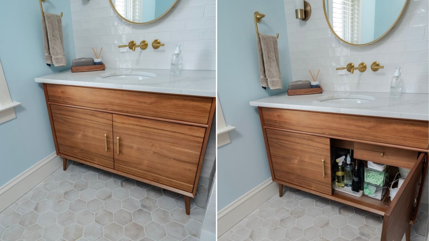 Wood Vanity closed and open in a renovated bathroom