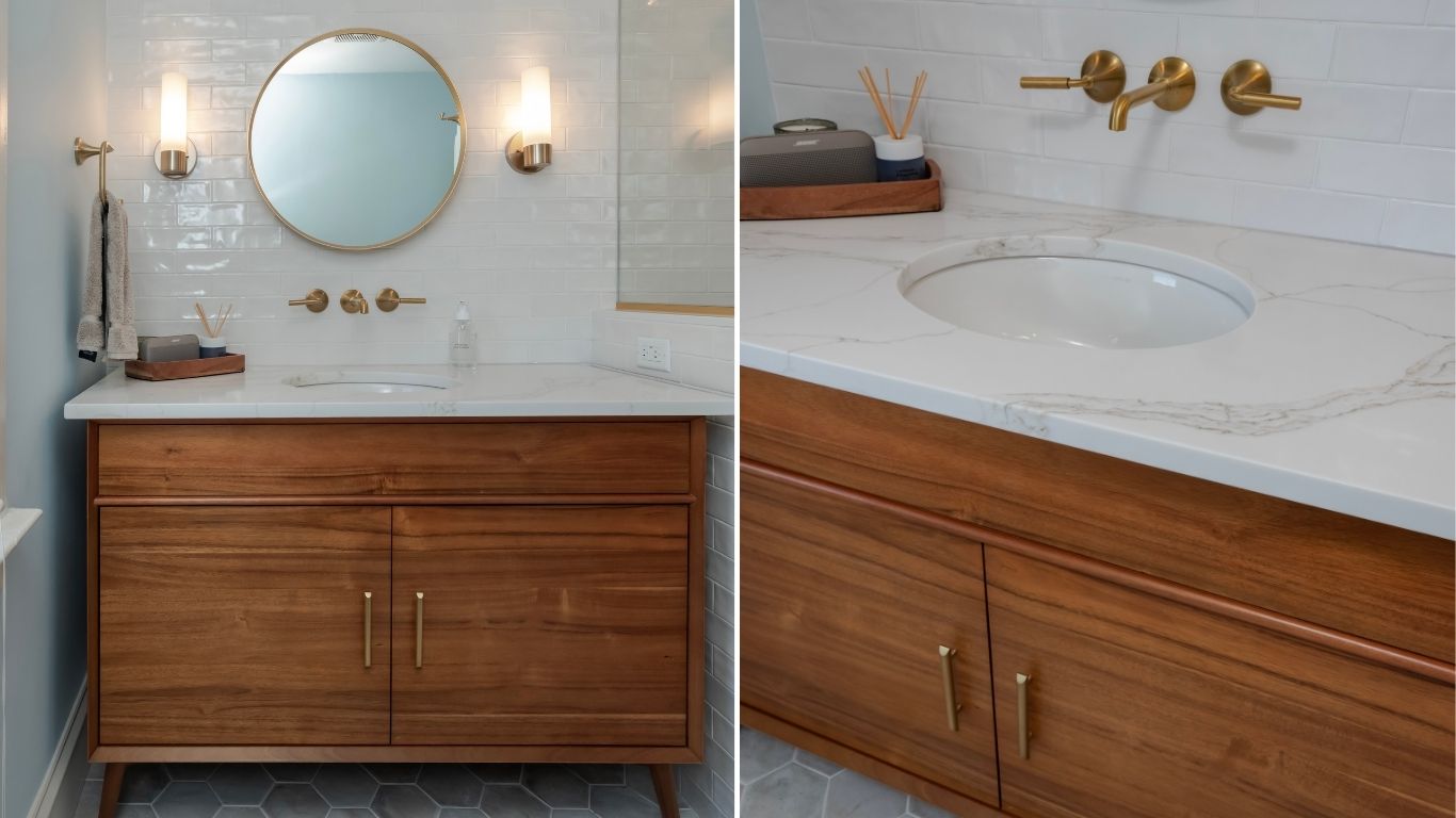 Two images of a newly renovated bathroom with white tile backsplash and wood vanity
