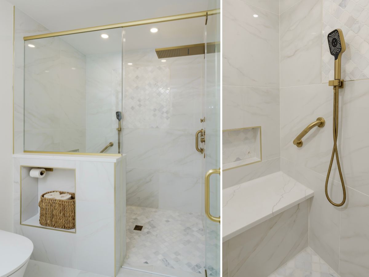 Remodeled bathroom with walk-in shower, white tile and gold shower fixtures