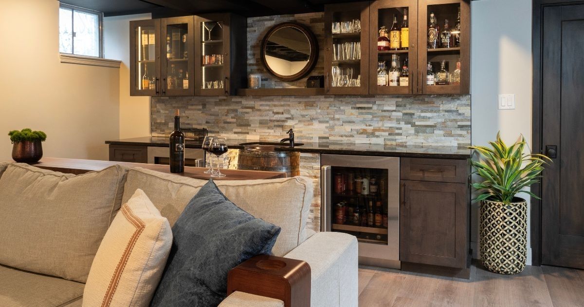 Basement image with tile backsplash at custom bar area