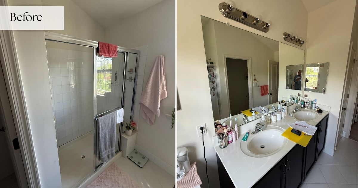 Before picture of a beige bathroom