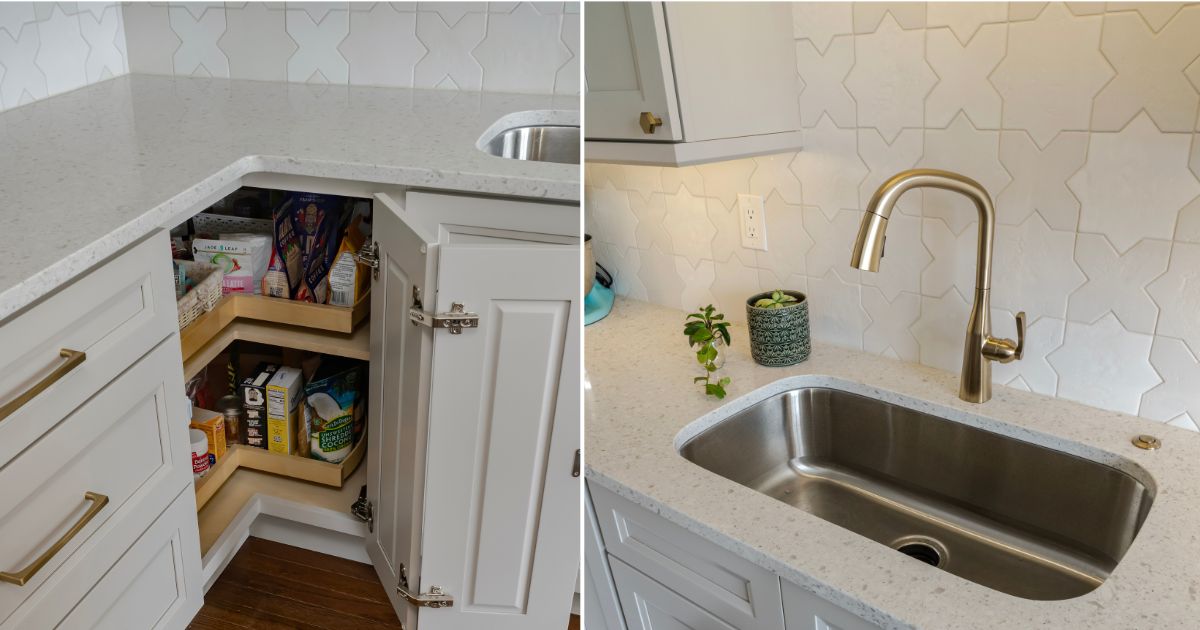 Split view of corner cabinet and sink details in