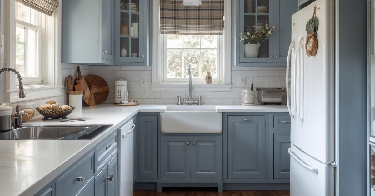 Coastal Granny inspired kitchen with muted blue cabinets
