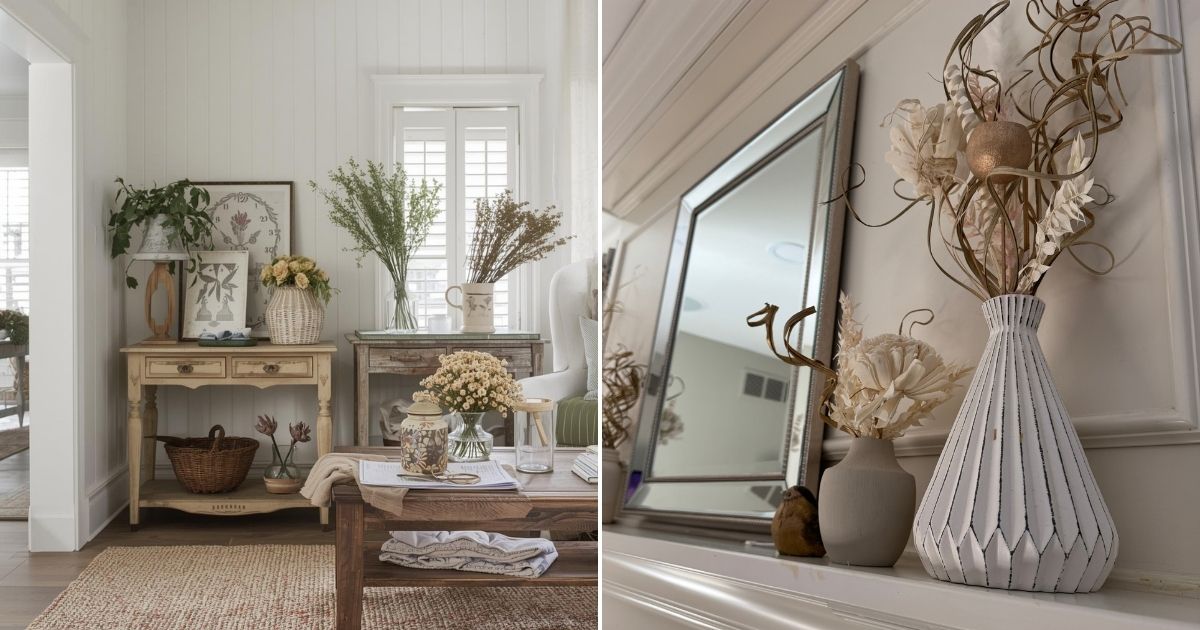 Dried flowers in vase and in living room setting