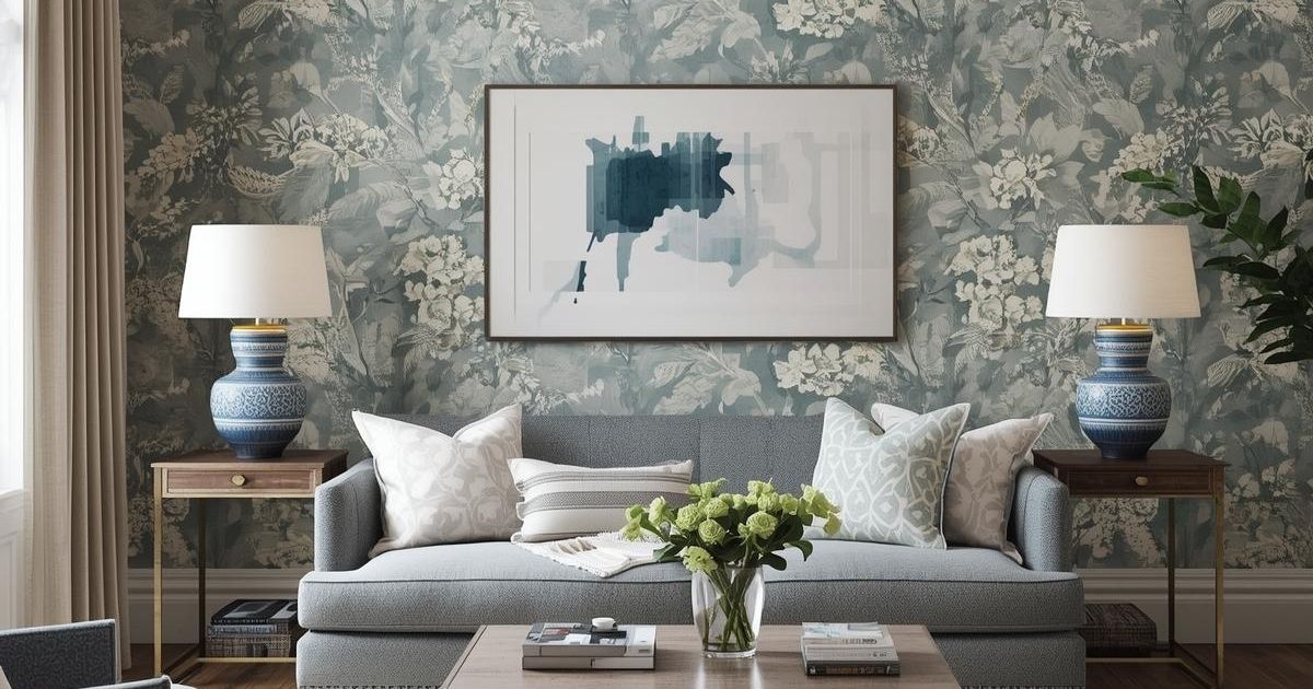Blue floral wallpaper with muted blue couch and matching lamps