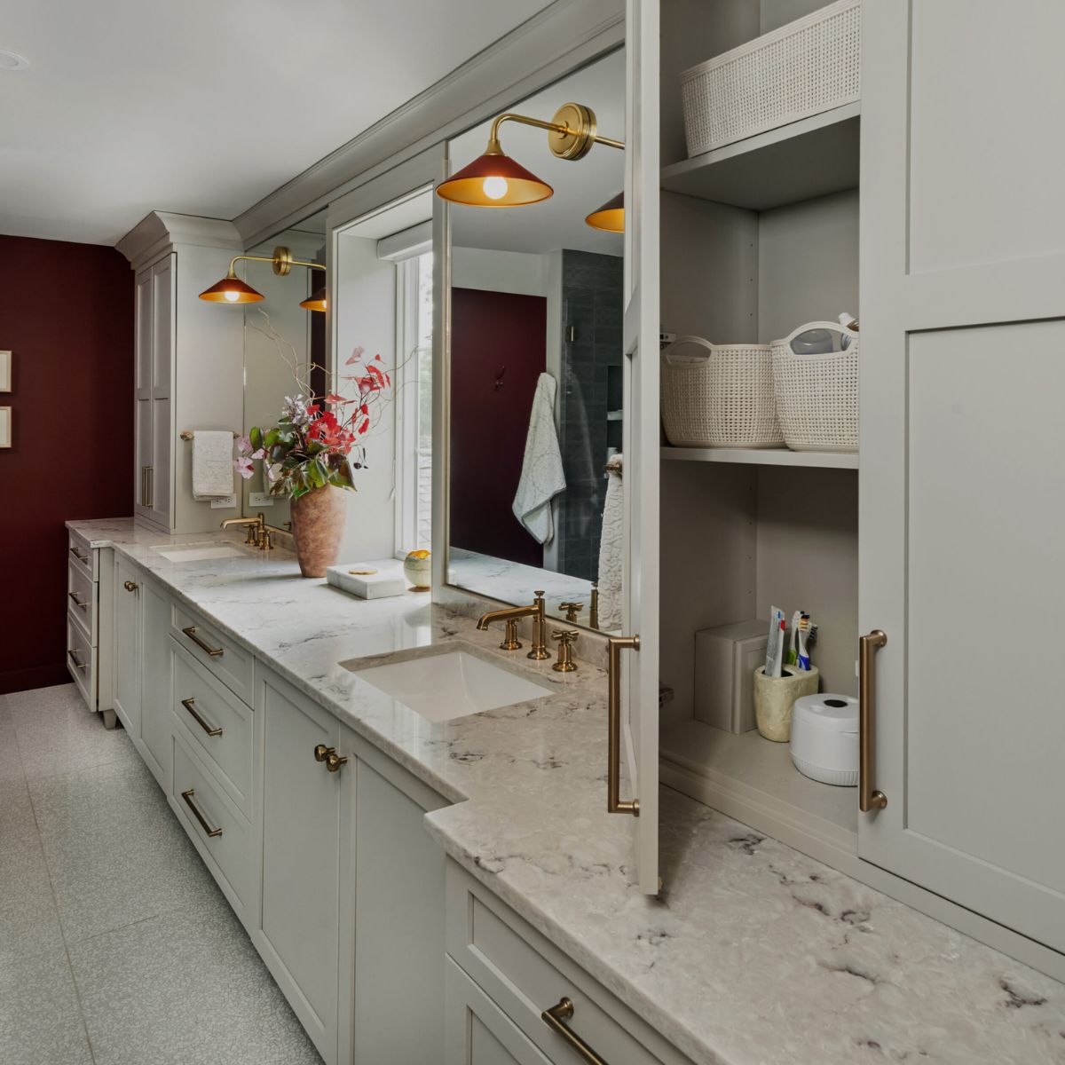 Taupe cabinetry in North Wales remodeled bathroom