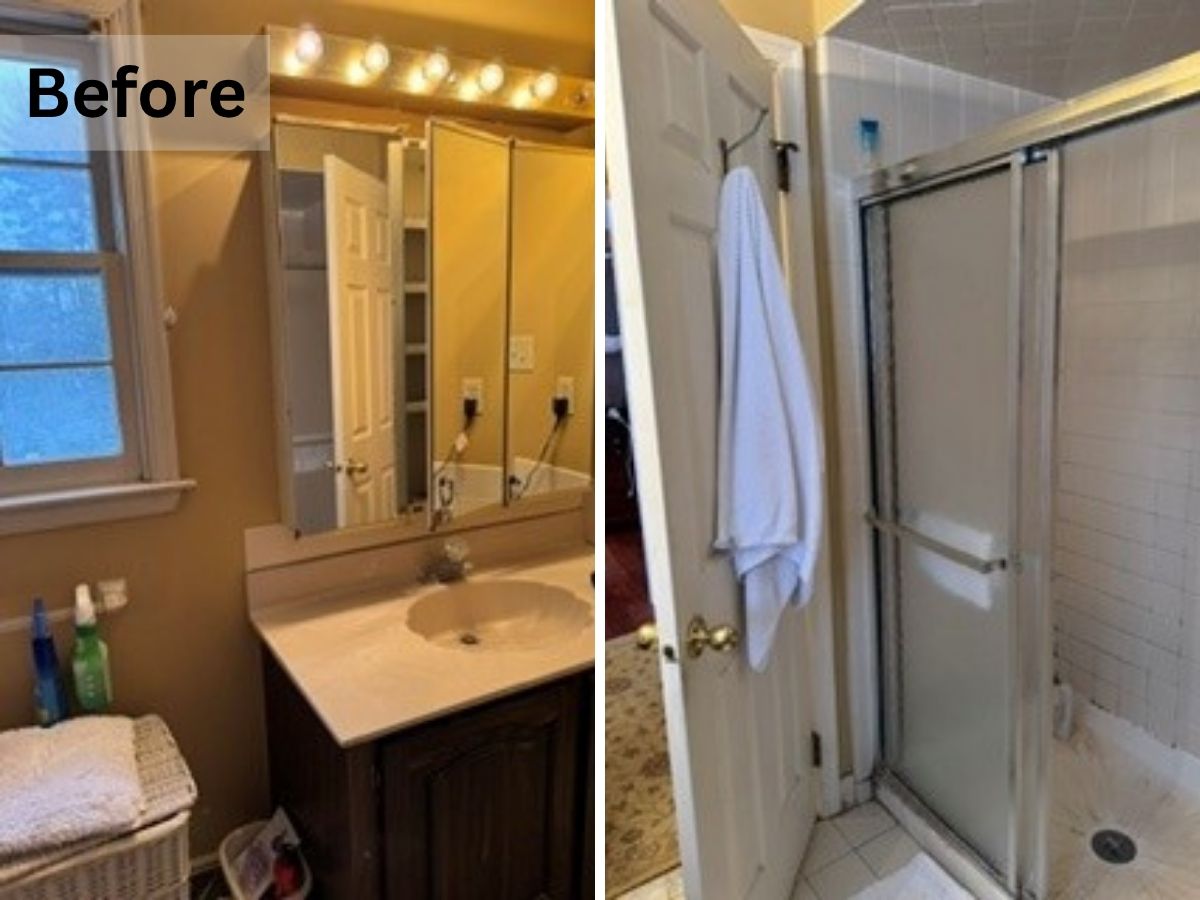 Before image of a bathroom with glass shower door and large light bulbs on mirroe